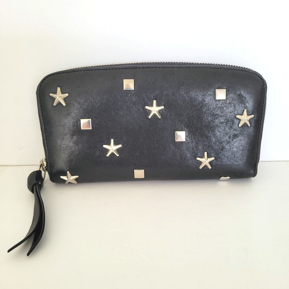 Jimmy Choo Star Leather Wallet Zip Around Black Silver Clutch Studded Boho